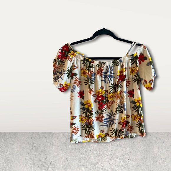 Womens Tropical Floral Off-Shoulder Blouse XL Vertiche 100% Cotton Lightweight & - Picture 4 of 5